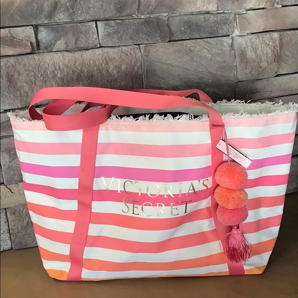 Victoria's Secret Handbags - Victoria’s Secret | Large Striped Pom Pom Bag Tote | Distressed Top Canvas Bag